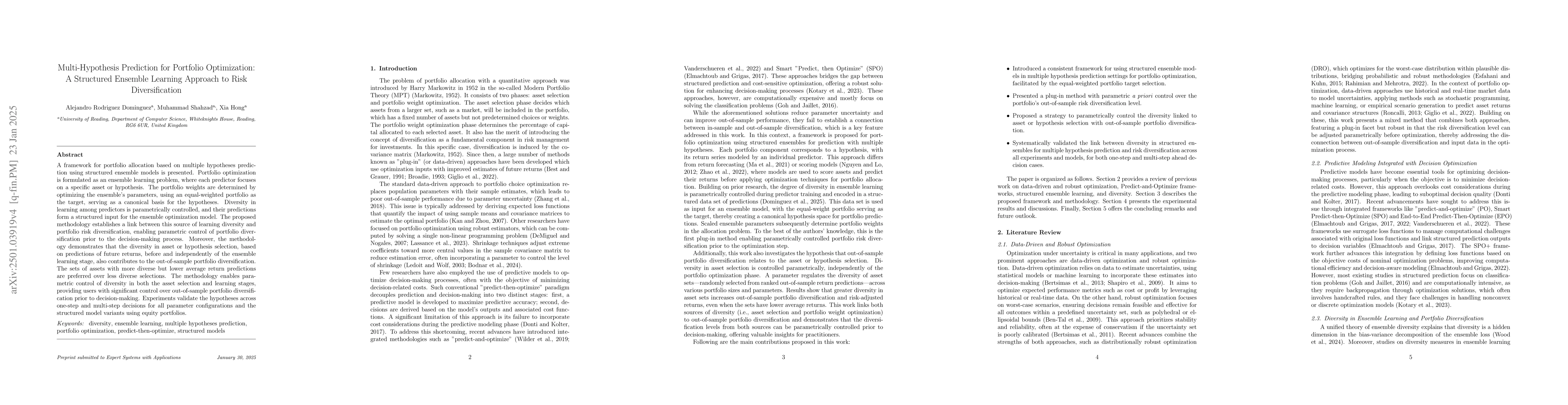Thumbnail for Multi-Hypothesis Prediction for Portfolio Optimization: A Structured
  Ensemble Learning Approach to Risk Diversification