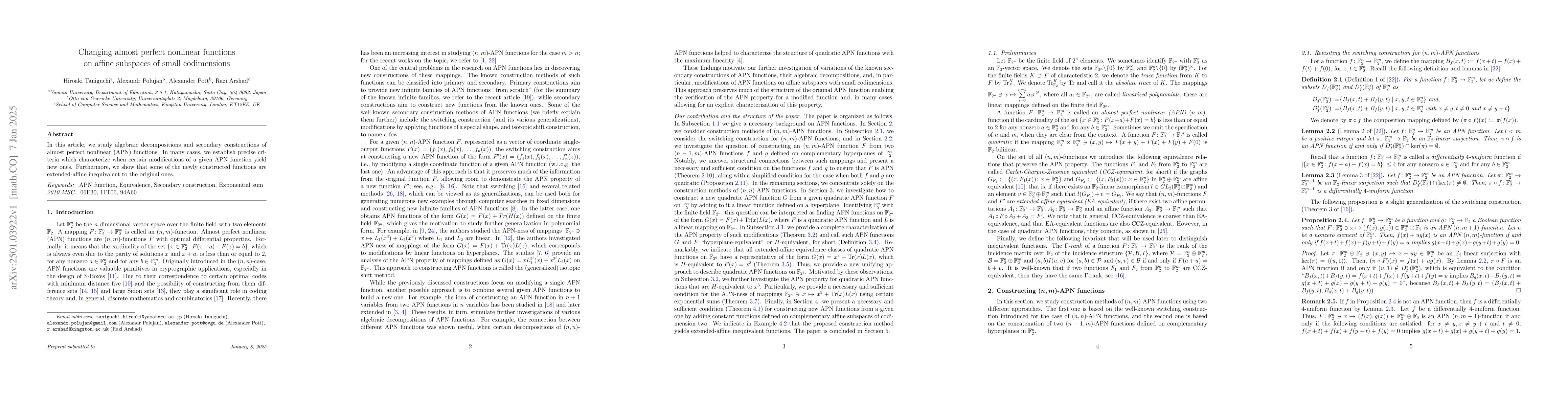 Thumbnail for Changing almost perfect nonlinear functions on affine subspaces of small
  codimensions