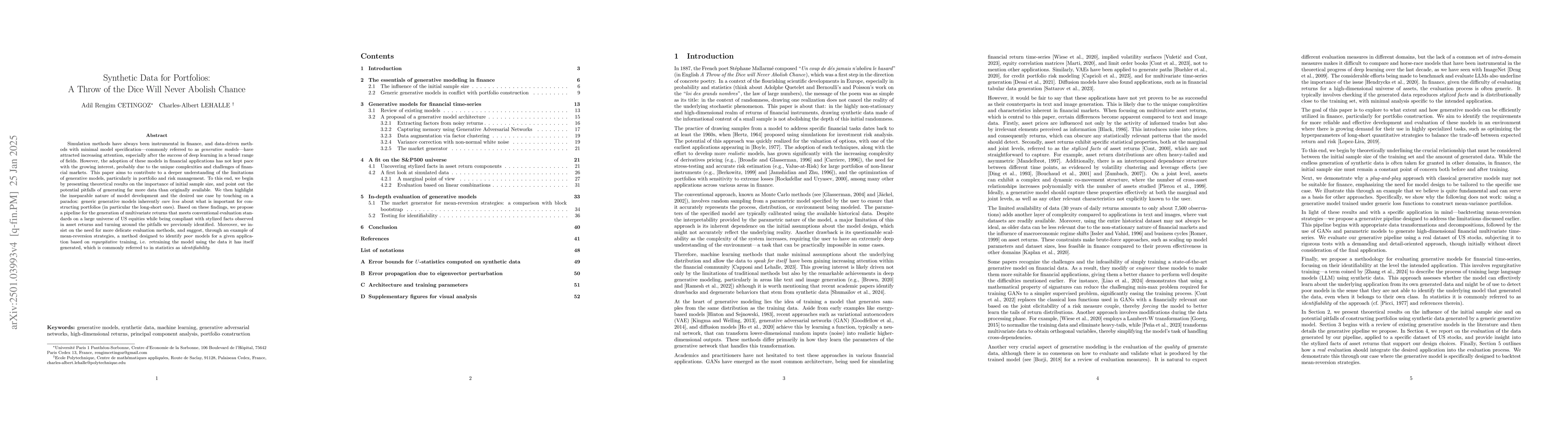 Thumbnail for Synthetic Data for Portfolios: A Throw of the Dice Will Never Abolish
  Chance