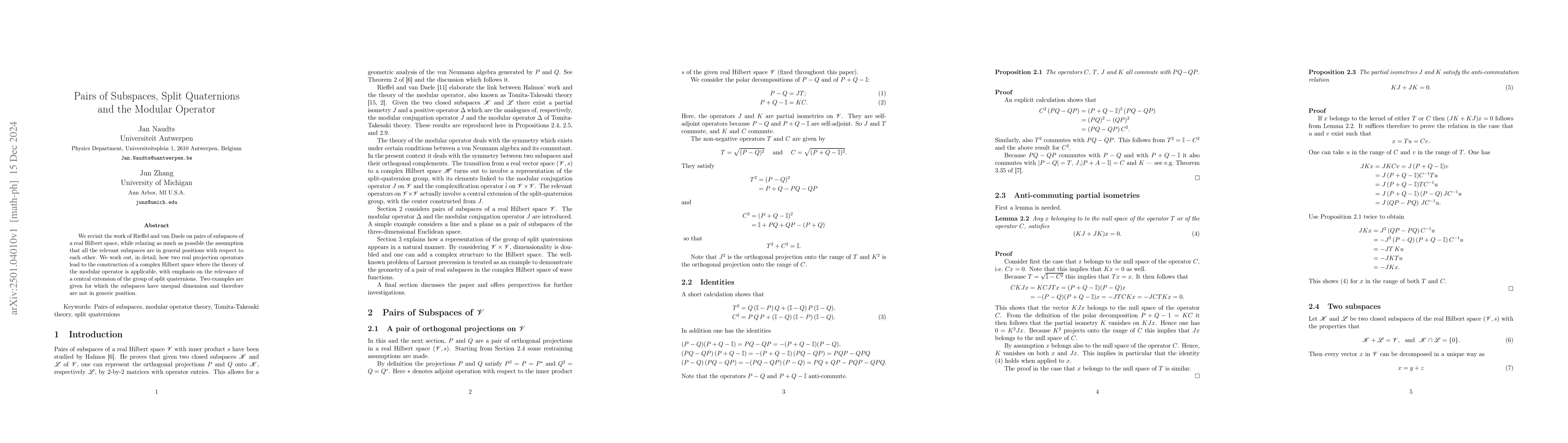 Thumbnail for Pairs of Subspaces, Split Quaternions and the Modular Operator