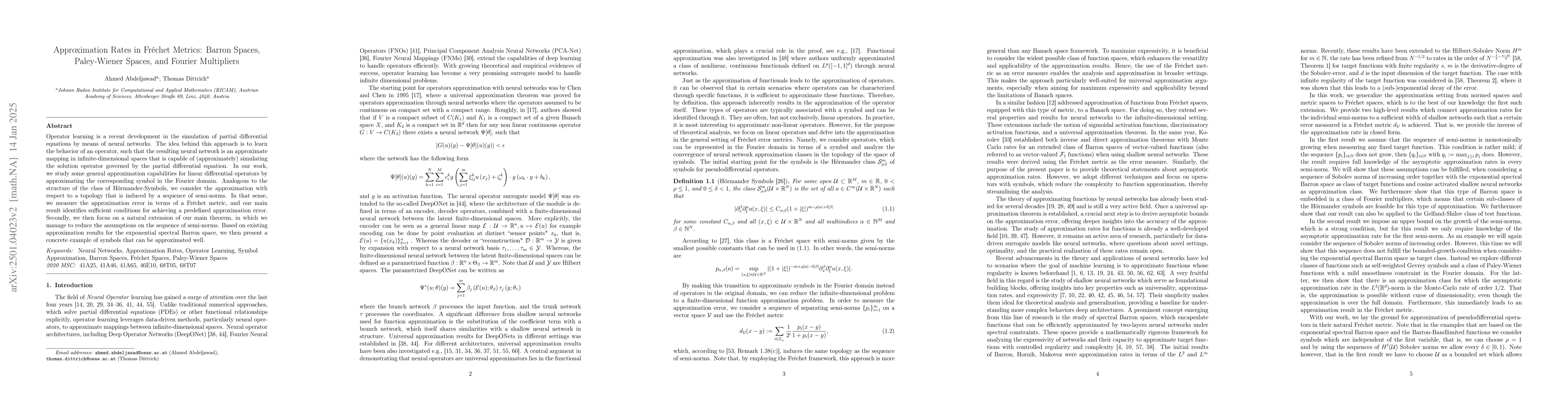 Thumbnail for Approximation Rates in Fréchet Metrics: Barron Spaces, Paley-Wiener
  Spaces, and Fourier Multipliers