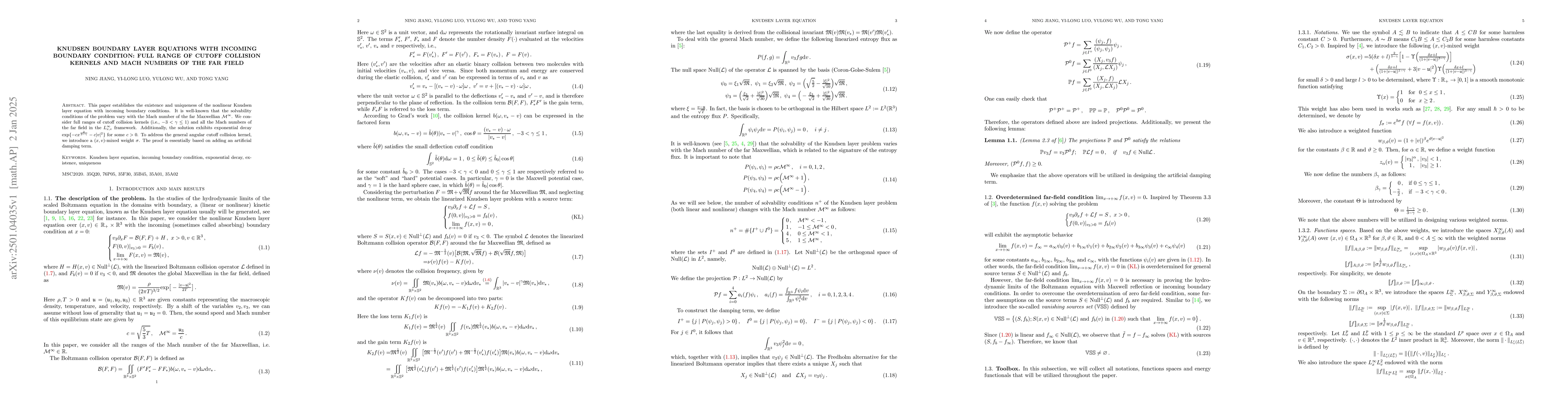 Thumbnail for Knudsen boundary layer equations with incoming boundary condition: full
  range of cutoff collision kernels and Mach numbers of the far field