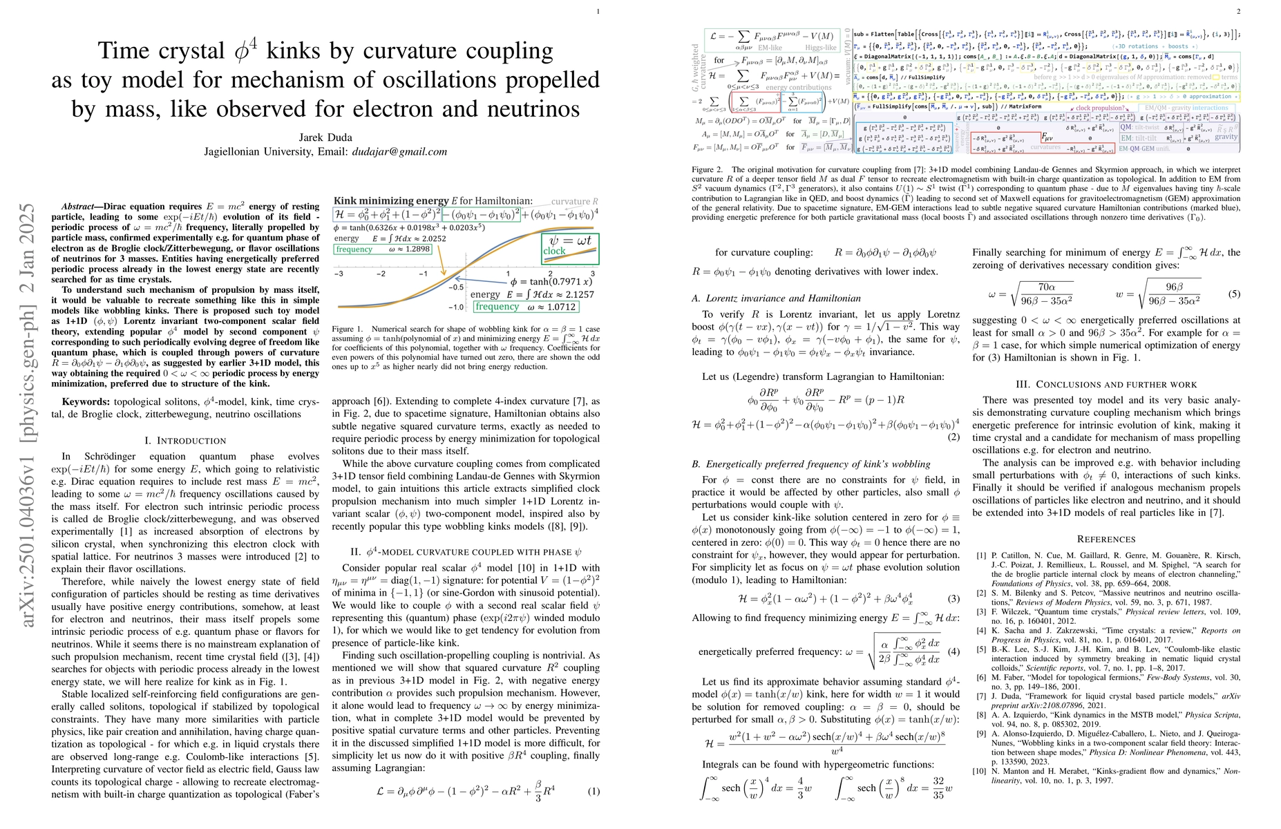 Thumbnail for Time crystal $φ^4$ kinks by curvature coupling as toy model for
  mechanism of oscillations propelled by mass, like observed for electron and
  neutrinos