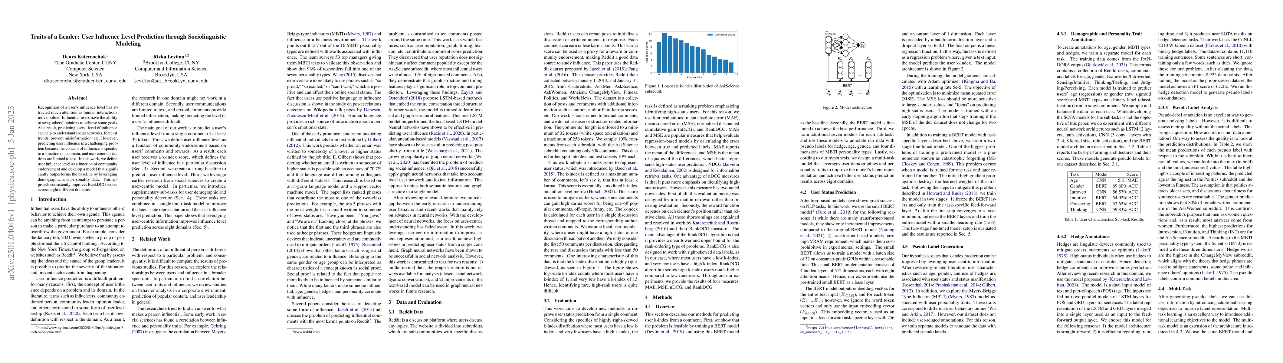 Thumbnail for Traits of a Leader: User Influence Level Prediction through
  Sociolinguistic Modeling