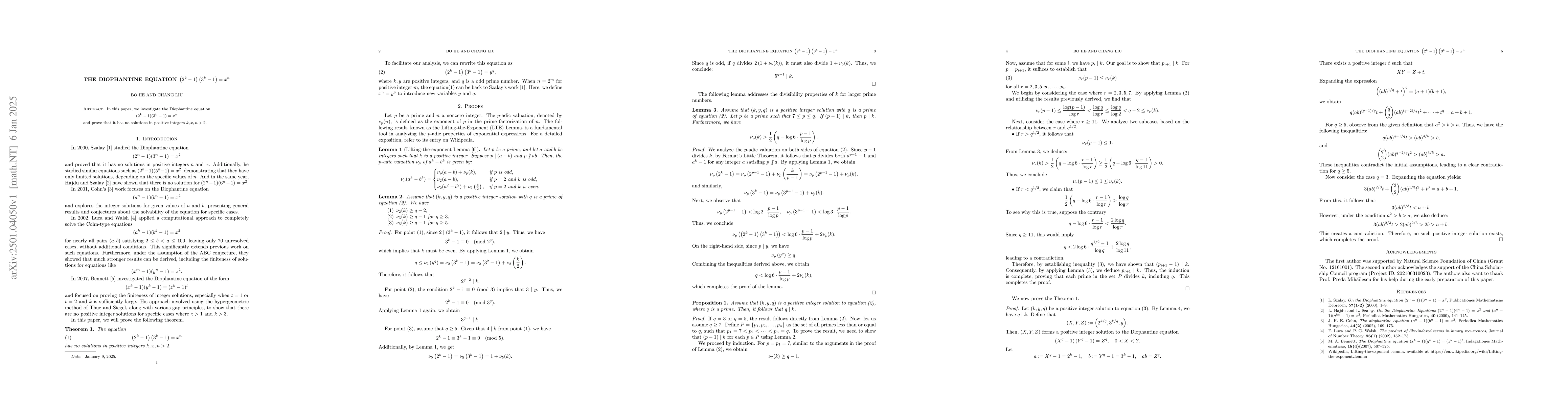 Thumbnail for The diophantine equation
  $\left(2^{k}-1\right)\left(3^{k}-1\right)=x^{n}$