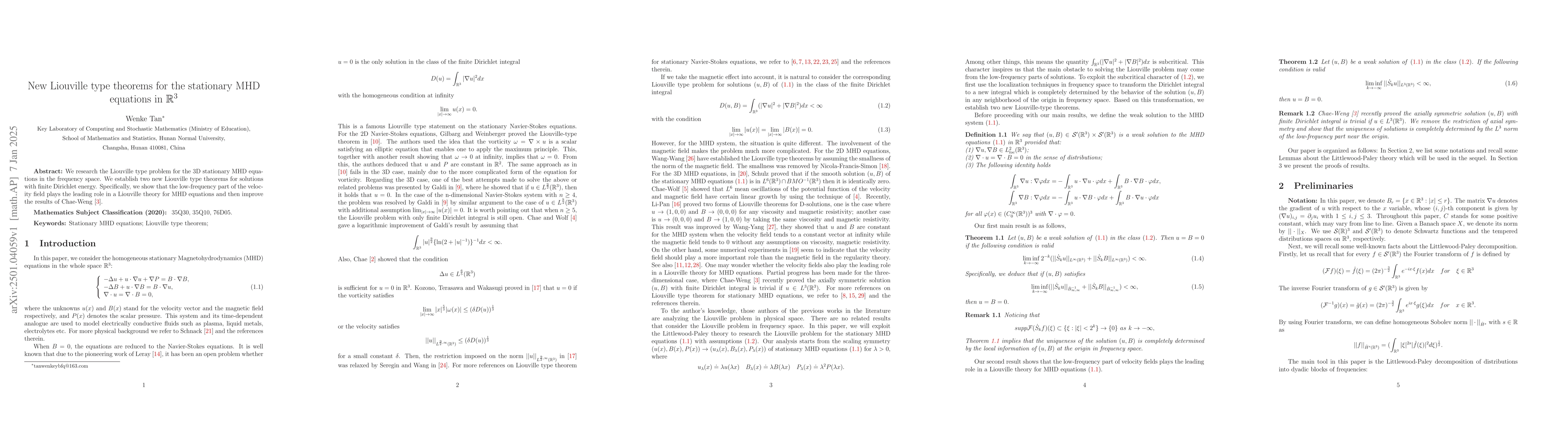 Thumbnail for New Liouville type theorems for the stationary MHD equations in
  $\mathbb{R}^3$
