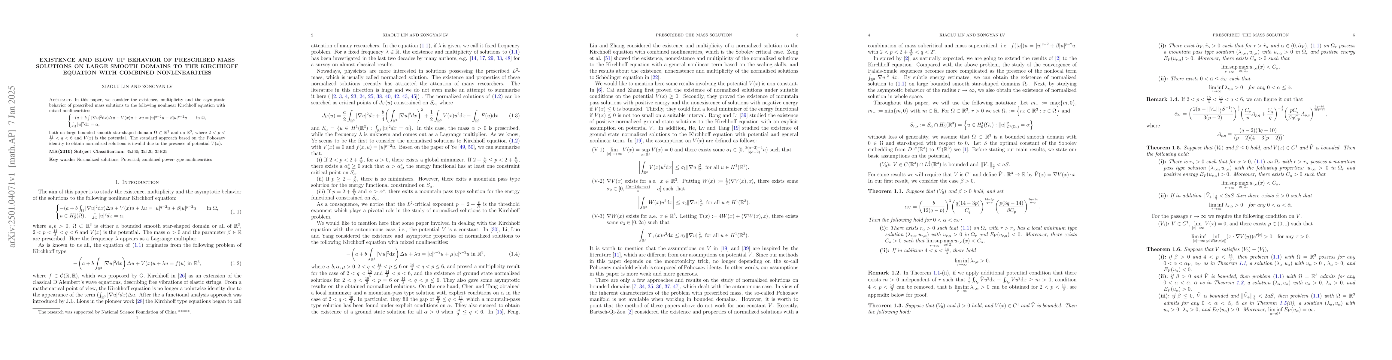 Thumbnail for Existence and blow up behavior of prescribed mass solutions on large
  smooth domains to the Kirchhoff equation with combined nonlinearities