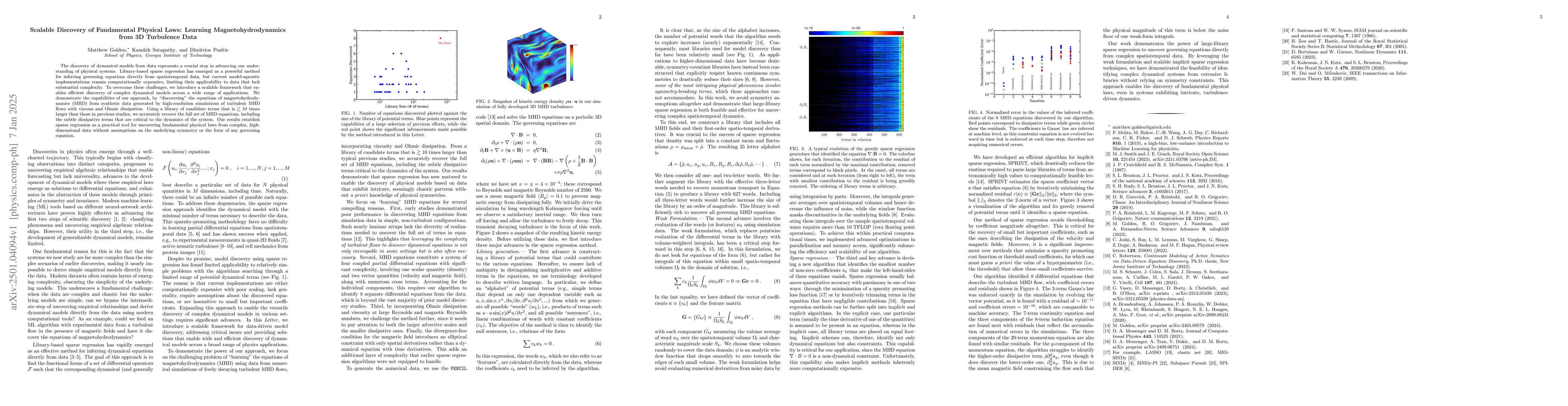 Thumbnail for Scalable Discovery of Fundamental Physical Laws: Learning
  Magnetohydrodynamics from 3D Turbulence Data