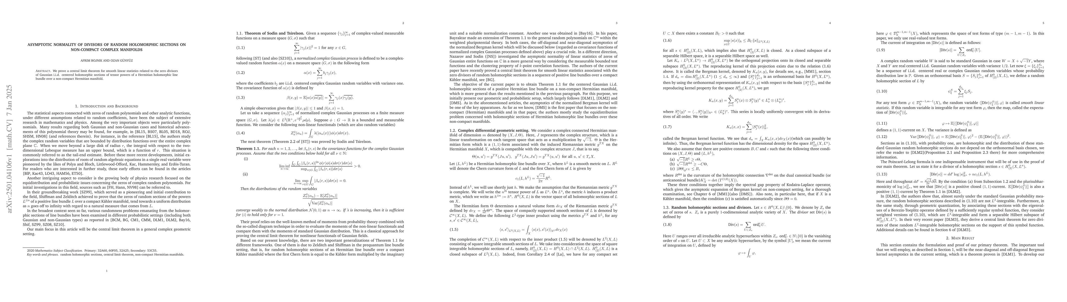 Thumbnail for Asymptotic Normality of Divisors of Random Holomorphic Sections on
  Non-compact Complex Manifolds