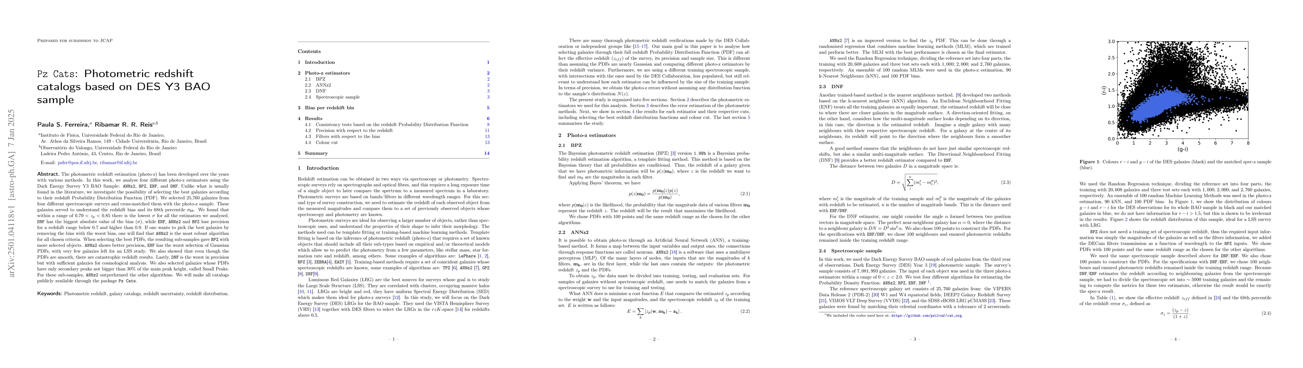Thumbnail for \texttt{Pz Cats}: Photometric redshift catalogs based on DES Y3 BAO
  sample