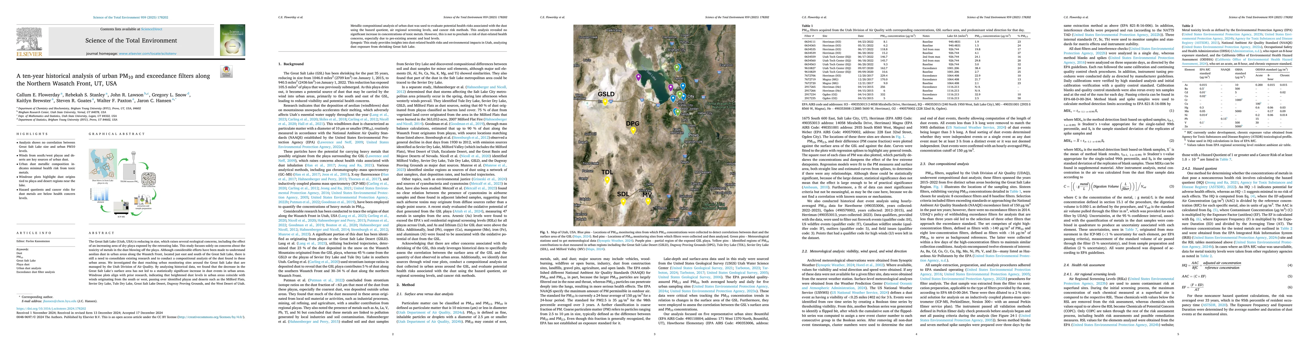 Thumbnail for A ten-year historical analysis of urban PM10 and exceedance filters
  along the Northern Wasatch Front, UT, USA