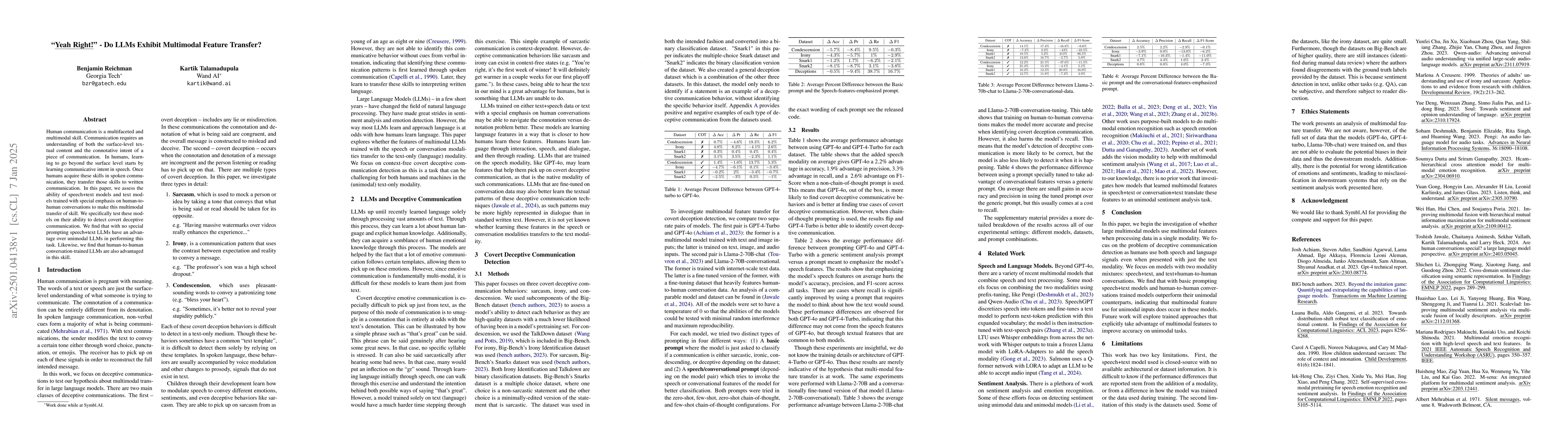 Thumbnail for "Yeah Right!" -- Do LLMs Exhibit Multimodal Feature Transfer?
