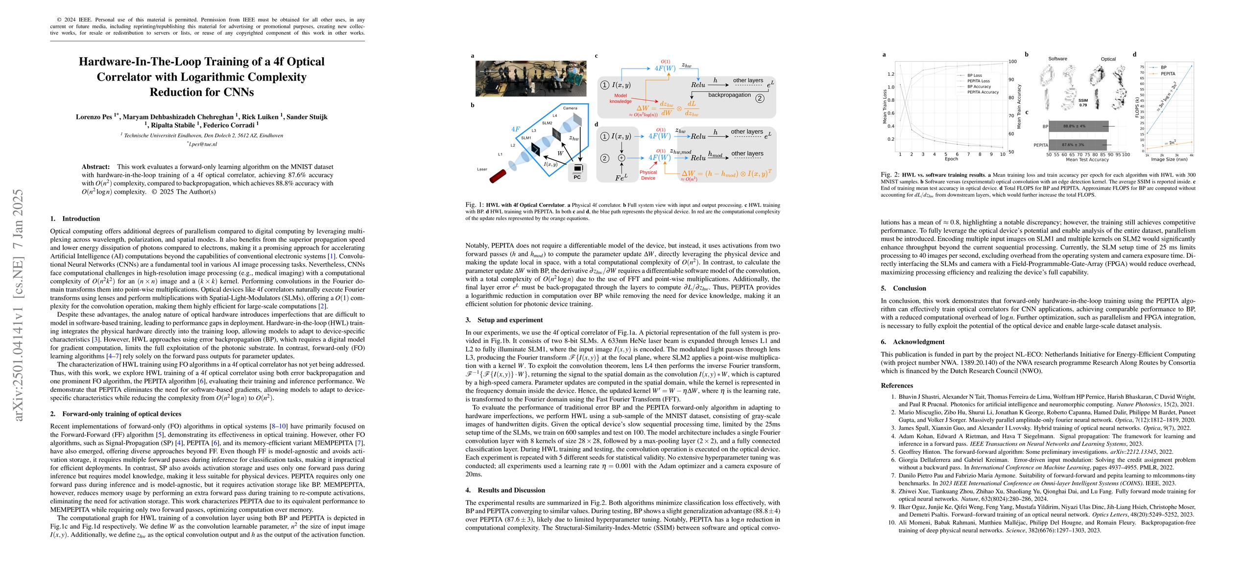 Thumbnail for Hardware-In-The-Loop Training of a 4f Optical Correlator with
  Logarithmic Complexity Reduction for CNNs