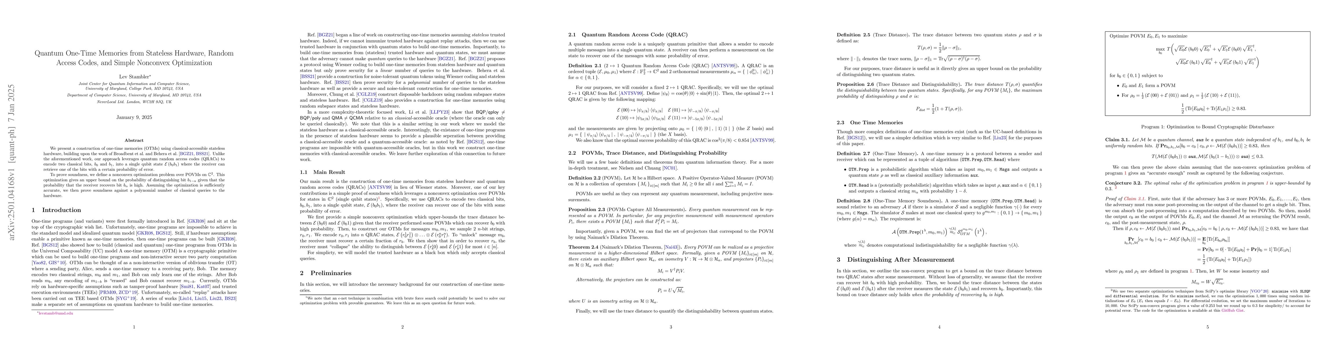 Thumbnail for Quantum One-Time Memories from Stateless Hardware, Random Access Codes,
  and Simple Nonconvex Optimization