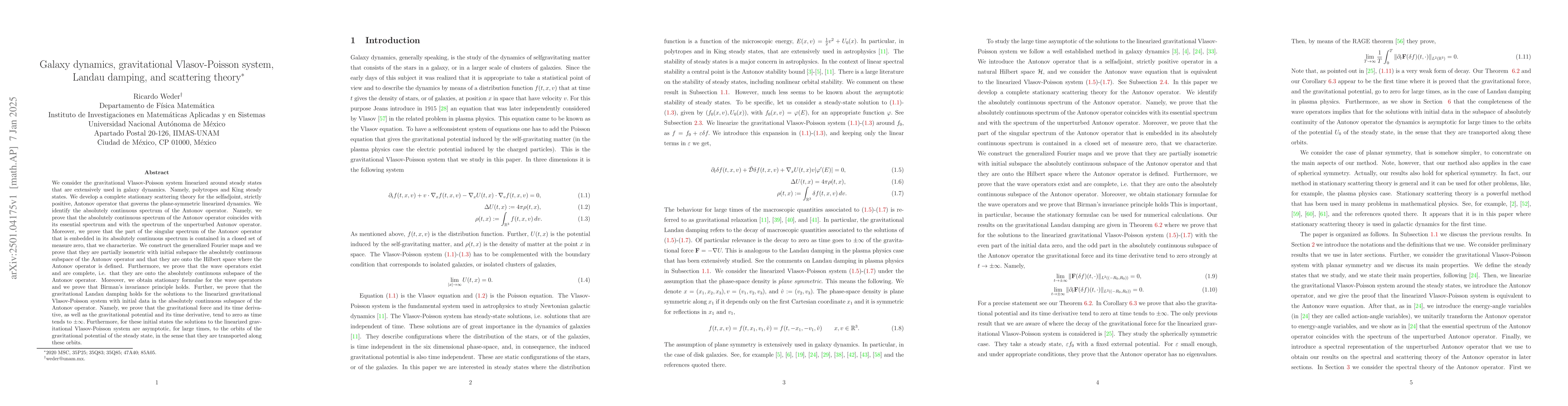 Thumbnail for Galaxy dynamics, gravitational Vlasov-Poisson system, Landau damping,
  and scattering theory