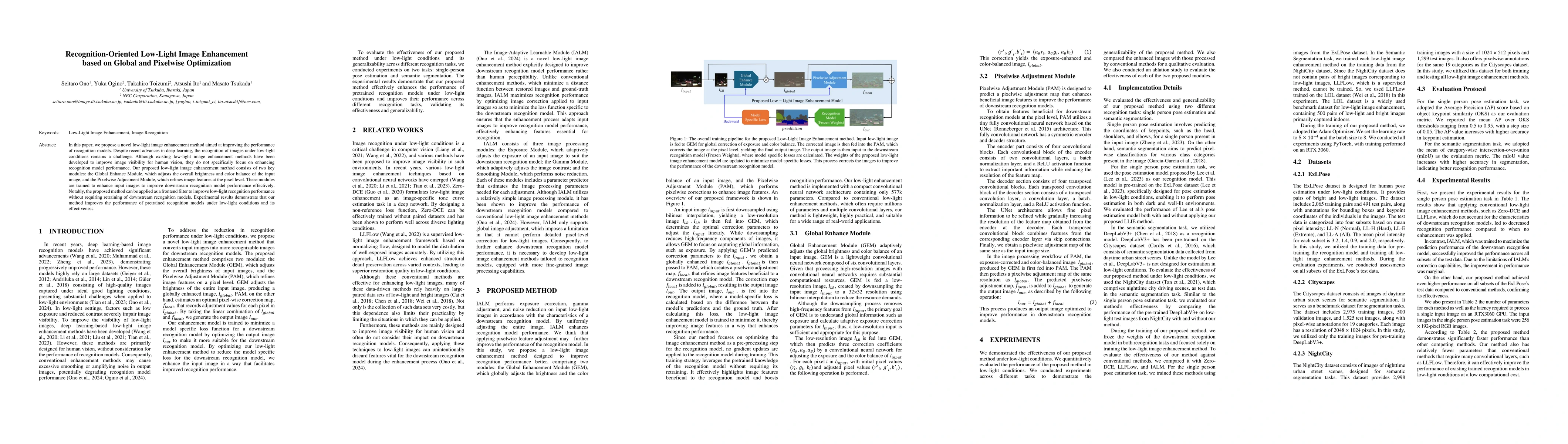 Thumbnail for Recognition-Oriented Low-Light Image Enhancement based on Global and
  Pixelwise Optimization