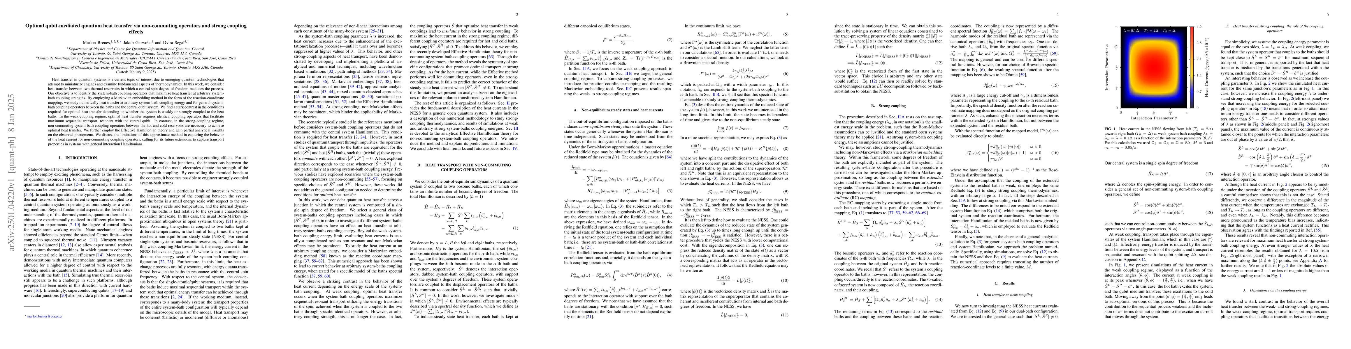 Thumbnail for Optimal qubit-mediated quantum heat transfer via non-commuting operators
  and strong coupling effects
