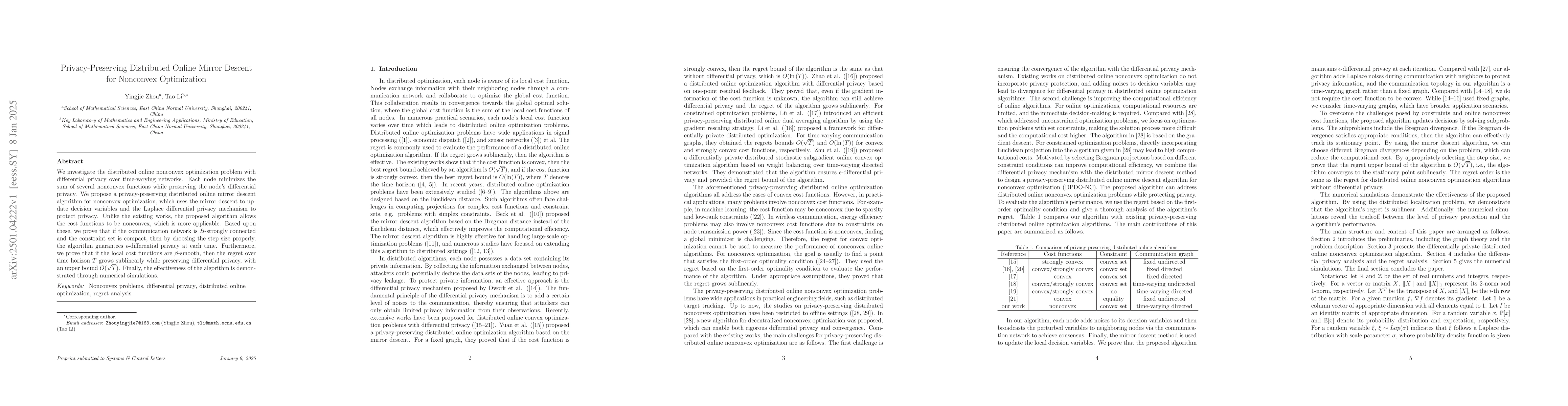 Thumbnail for Privacy-Preserving Distributed Online Mirror Descent for Nonconvex
  Optimization