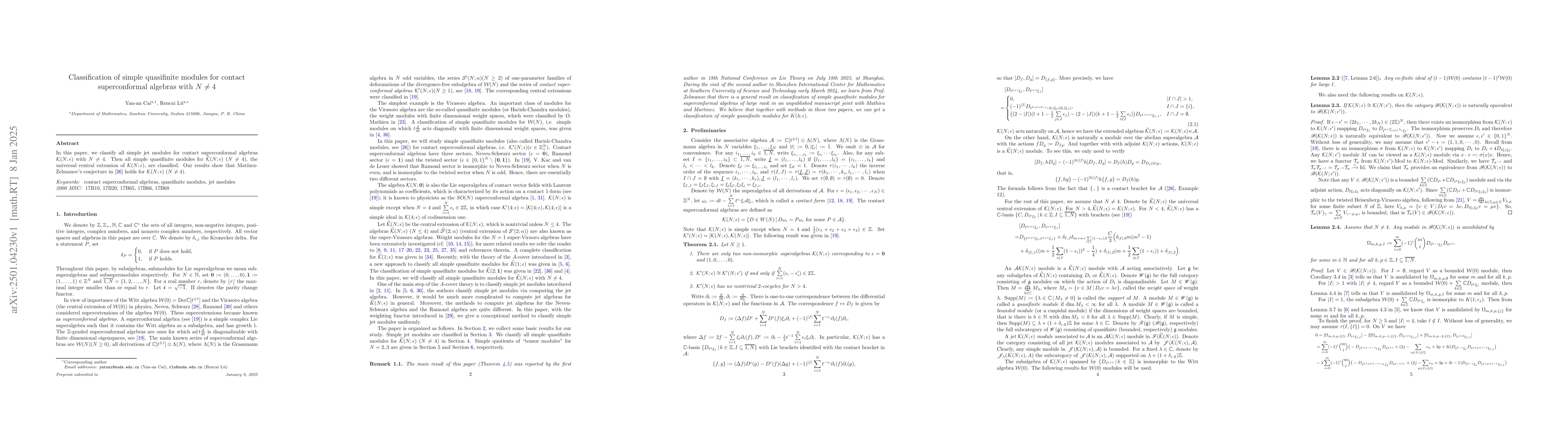 Thumbnail for Classification of simple quasifinite modules for contact superconformal
  algebras with $N\ne4$