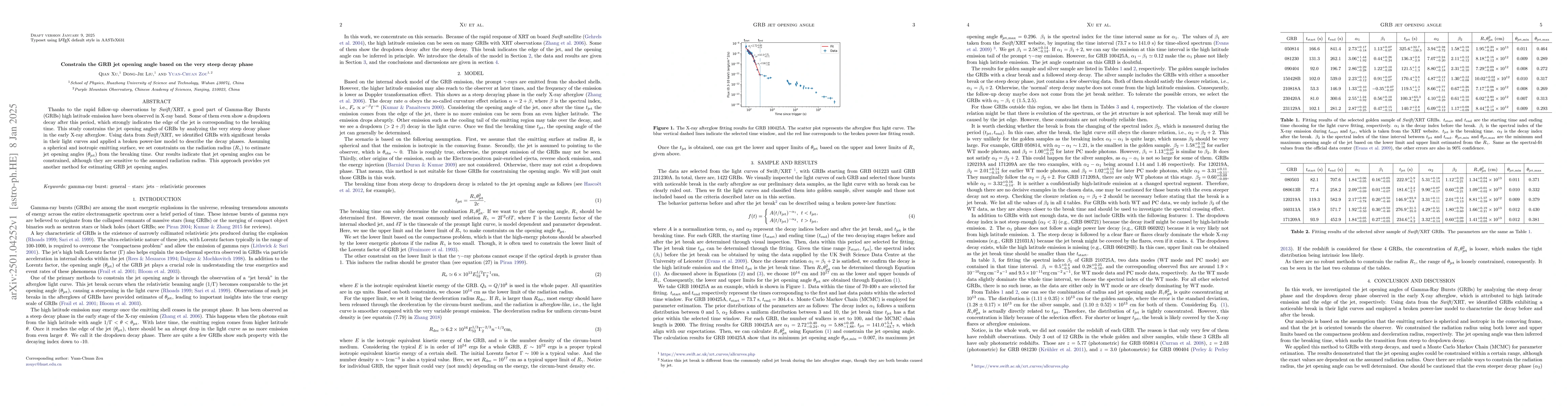 Thumbnail for Constrain the GRB jet opening angle based on the very steep decay phase