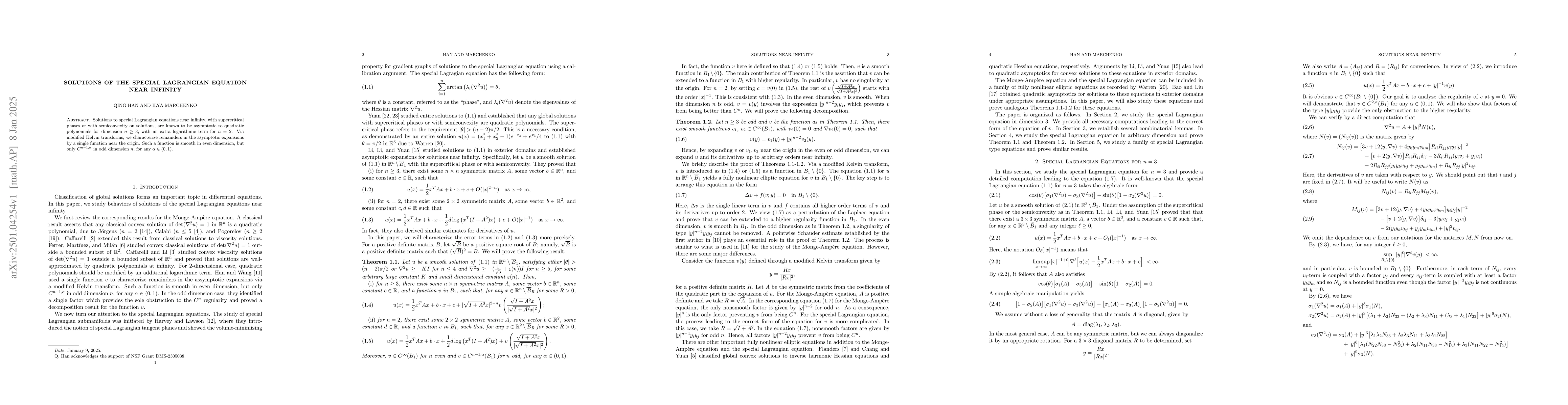 Thumbnail for Solutions of the Special Lagrangian Equation near Infinity