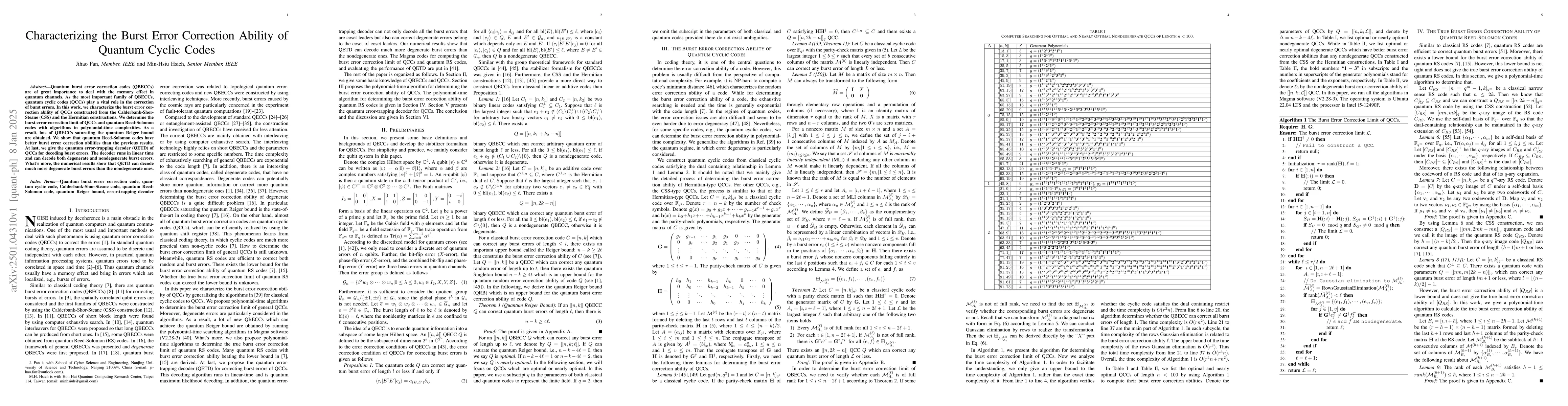 Thumbnail for Characterizing the Burst Error Correction Ability of Quantum Cyclic
  Codes