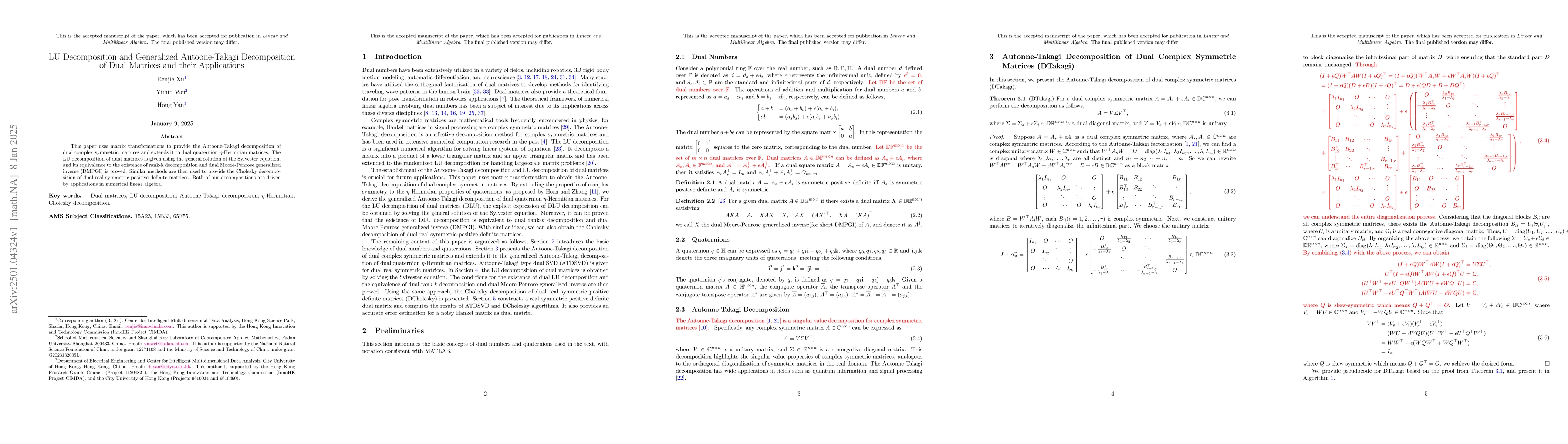 Thumbnail for LU Decomposition and Generalized Autoone-Takagi Decomposition of Dual
  Matrices and their Applications