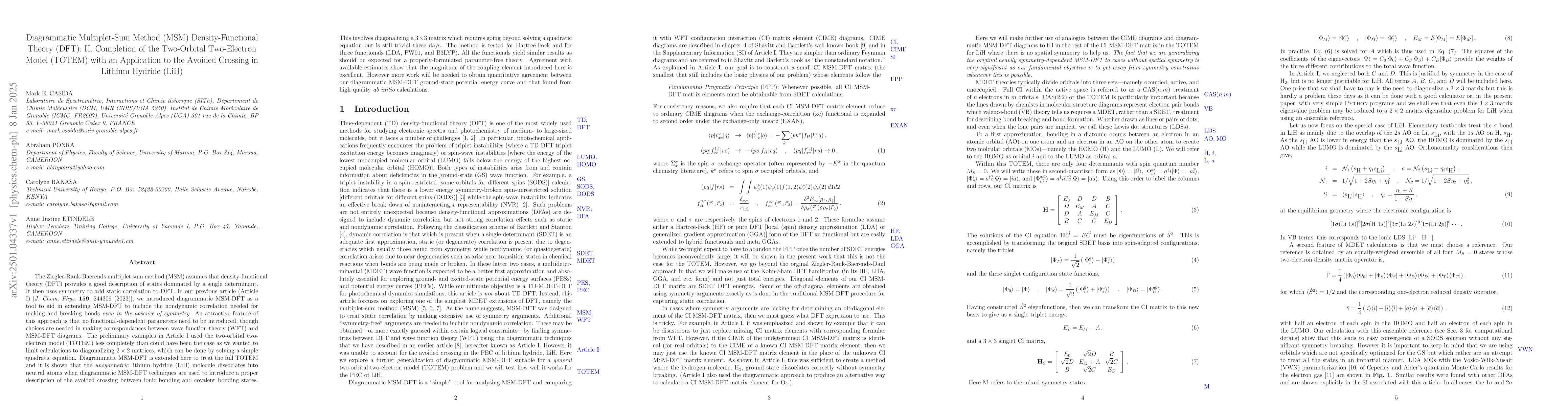 Thumbnail for Diagrammatic Multiplet-Sum Method (MSM) Density-Functional Theory (DFT):
  II. Completion of the Two-Orbital Two-Electron Model (TOTEM) with an
  Application to the Avoided Crossing in Lithium Hydride (LiH)