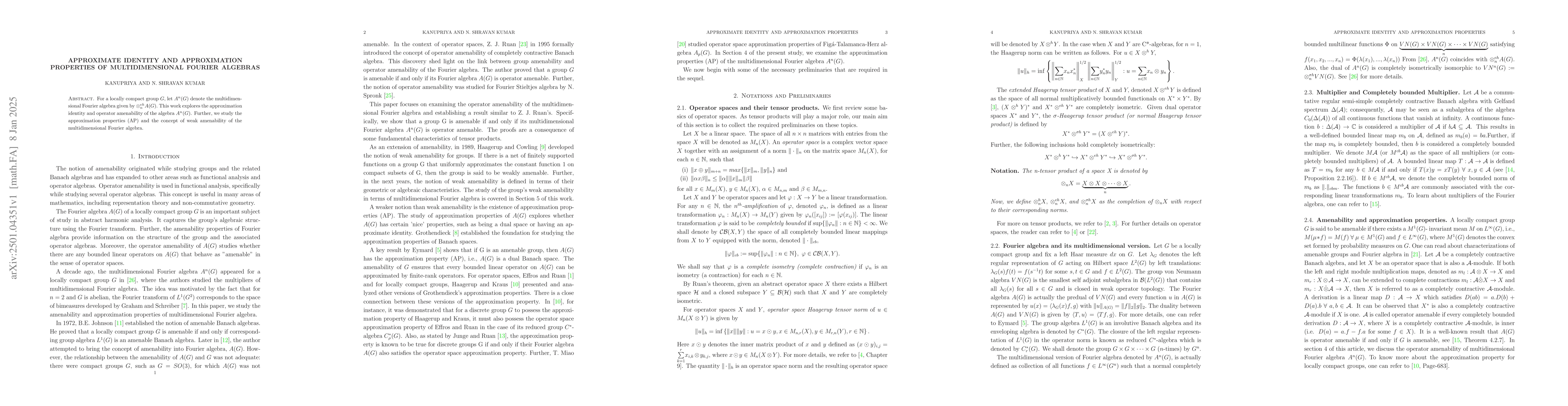 Thumbnail for Approximate identity and approximation properties of multidimensional
  Fourier algebras