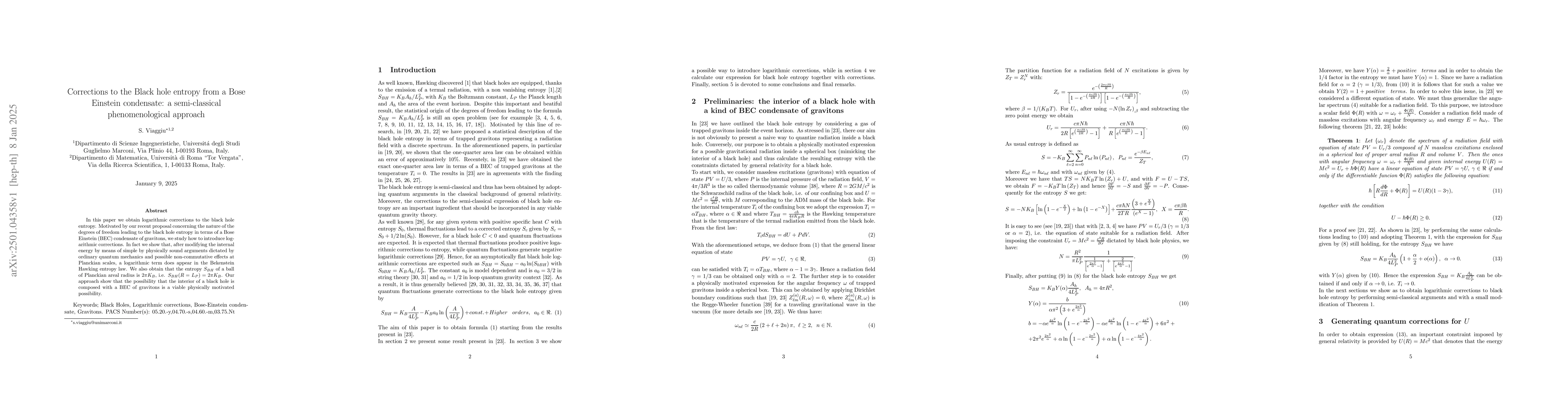Thumbnail for Corrections to the Black hole entropy from a Bose Einstein condensate: a
  semi-classical phenomenological approach