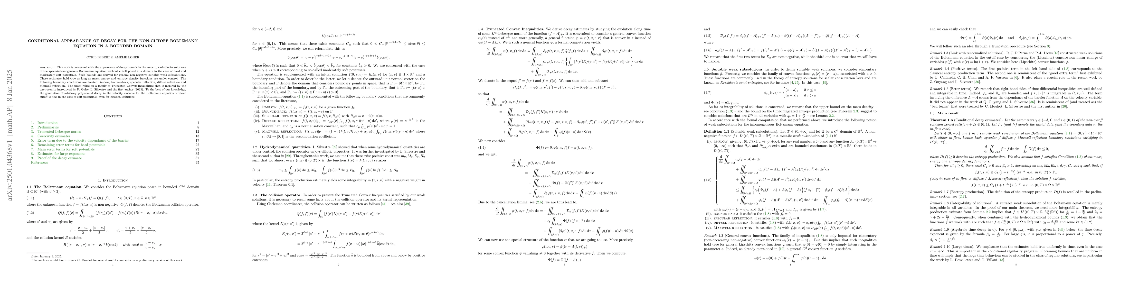 Thumbnail for Conditional appearance of decay for the non-cutoff Boltzmann equation in
  a bounded domain