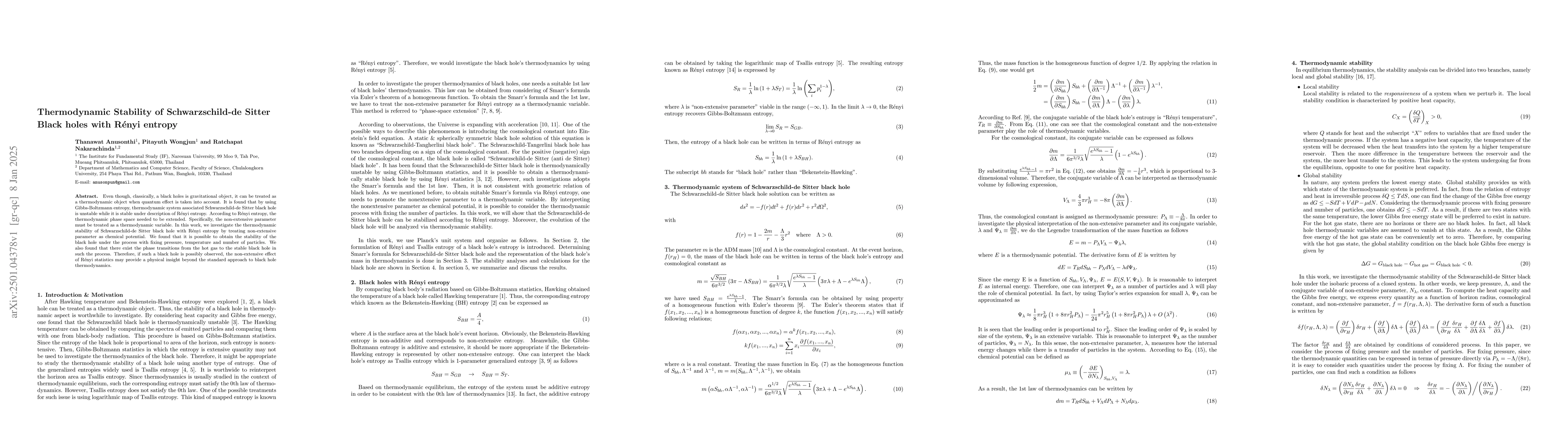 Thumbnail for Thermodynamic Stability of Schwarzschild-de Sitter Black holes with
  Rényi entropy