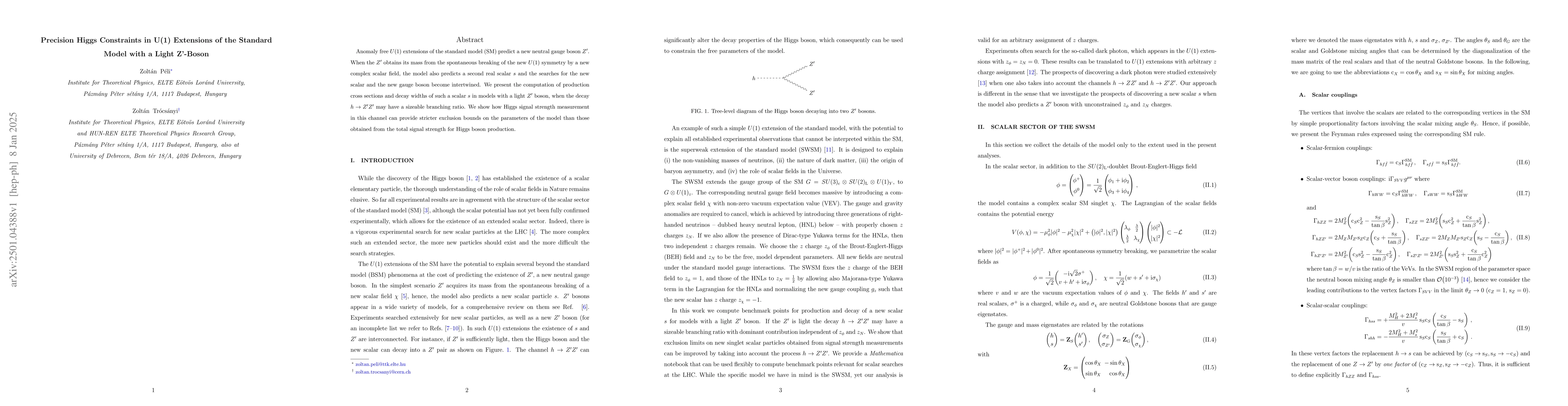 Thumbnail for Precision Higgs Constraints in U(1) Extensions of the Standard Model
  with a Light Z'-Boson