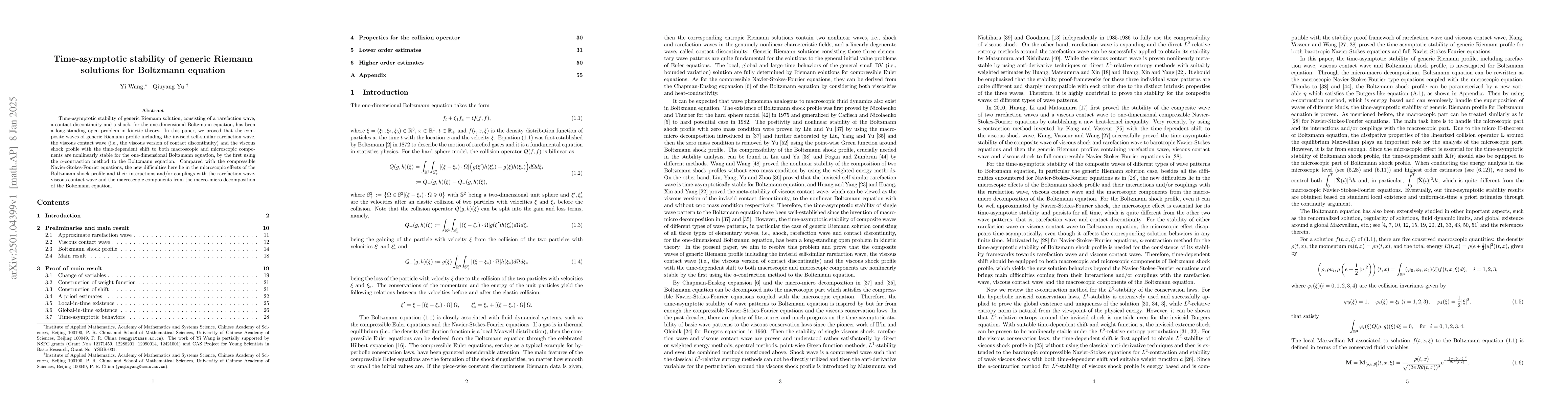 Thumbnail for Time-asymptotic stability of generic Riemann solutions for Boltzmann
  equation