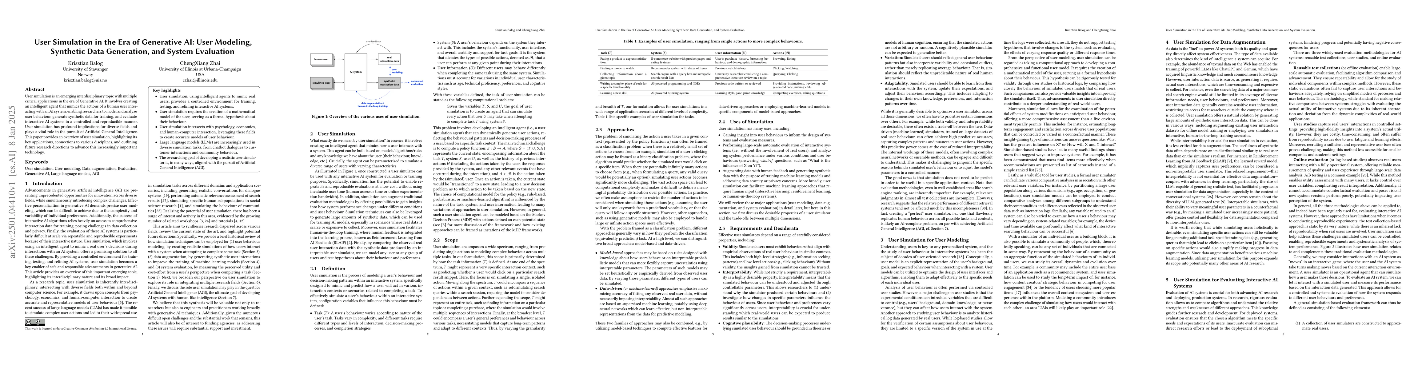 Thumbnail for User Simulation in the Era of Generative AI: User Modeling, Synthetic
  Data Generation, and System Evaluation