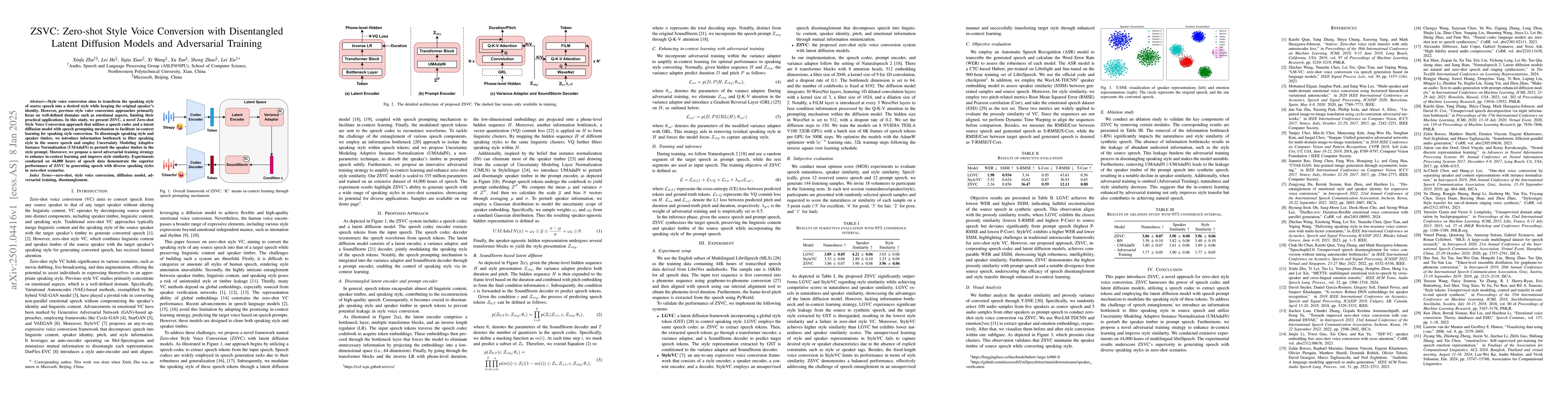 Thumbnail for ZSVC: Zero-shot Style Voice Conversion with Disentangled Latent
  Diffusion Models and Adversarial Training