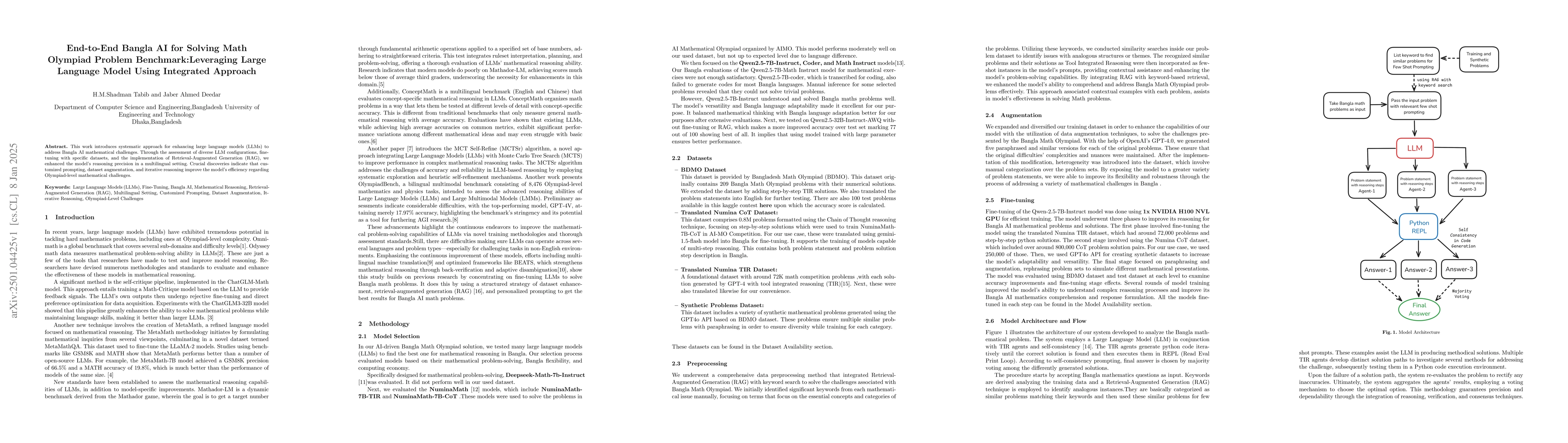 Thumbnail for End-to-End Bangla AI for Solving Math Olympiad Problem Benchmark:
  Leveraging Large Language Model Using Integrated Approach