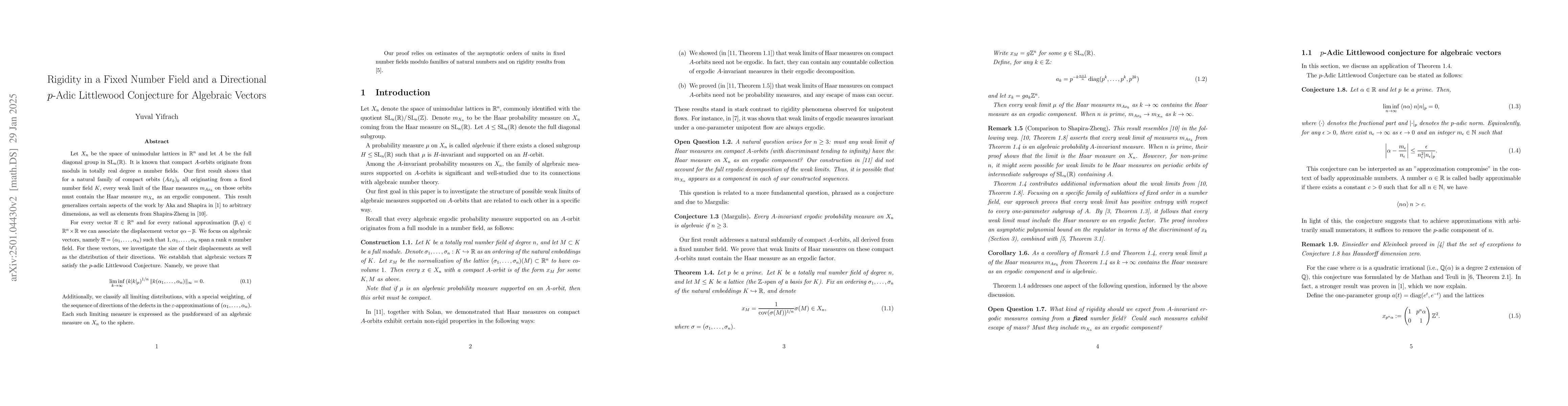 Thumbnail for Rigidity in a Fixed Number Field and a Directional $p$-Adic Littlewood
  Conjecture for Algebraic Vectors