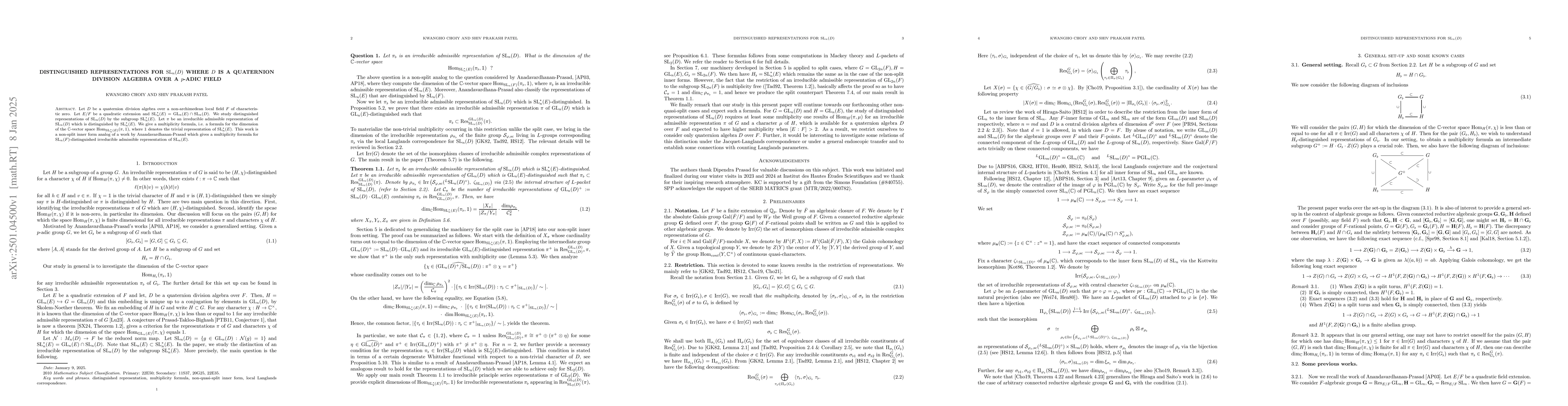 Thumbnail for Distinguished Representations for $\rm{SL}_n(D)$ where $D$ is a
  quaternion division algebra over a $p$-adic field