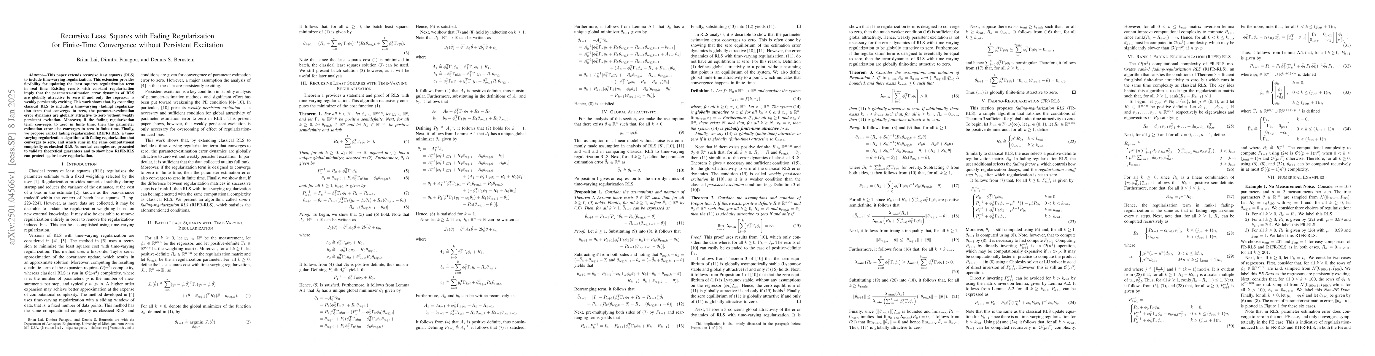 Thumbnail for Recursive Least Squares with Fading Regularization for Finite-Time
  Convergence without Persistent Excitation