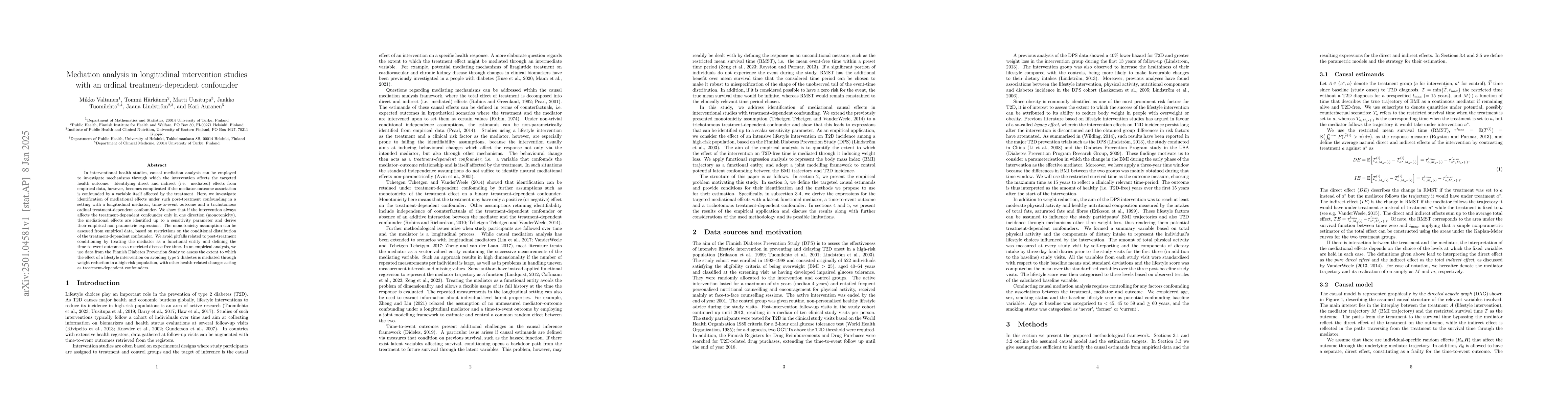 Thumbnail for Mediation analysis in longitudinal intervention studies with an ordinal
  treatment-dependent confounder