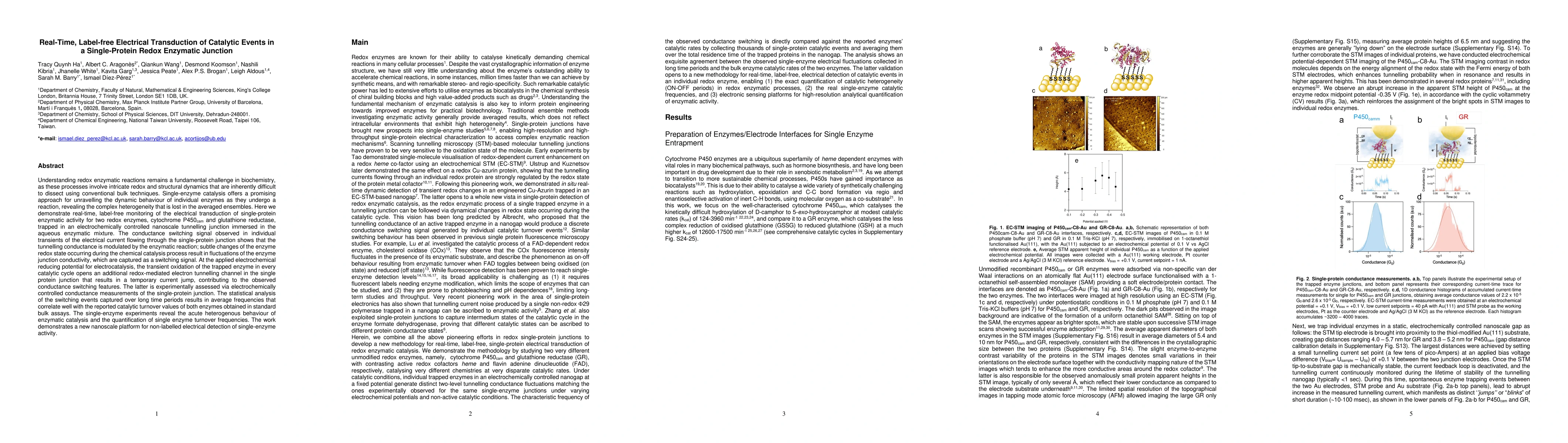 Thumbnail for Real-Time, Label-free Electrical Transduction of Catalytic Events in a
  Single-Protein Redox Enzymatic Junction