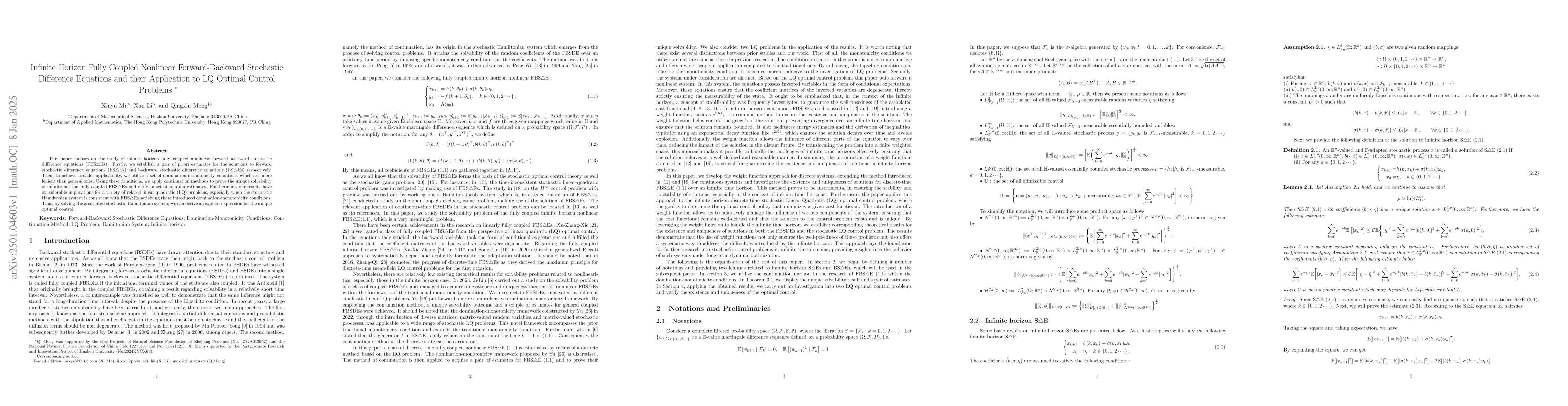 Thumbnail for Infinite Horizon Fully Coupled Nonlinear Forward-Backward Stochastic
  Difference Equations and their Application to LQ Optimal Control Problems