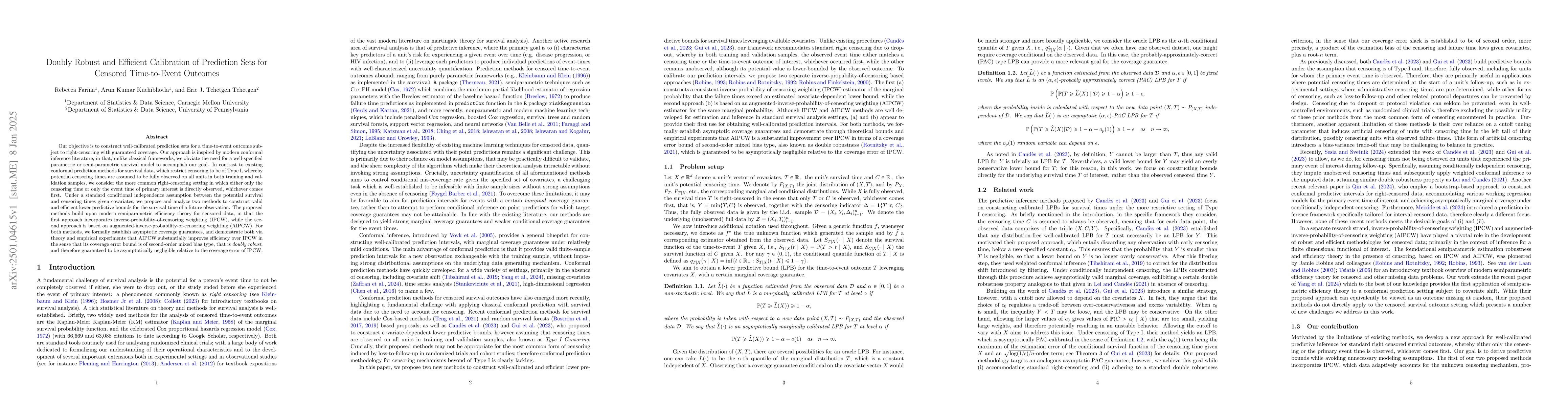 Thumbnail for Doubly Robust and Efficient Calibration of Prediction Sets for Censored
  Time-to-Event Outcomes