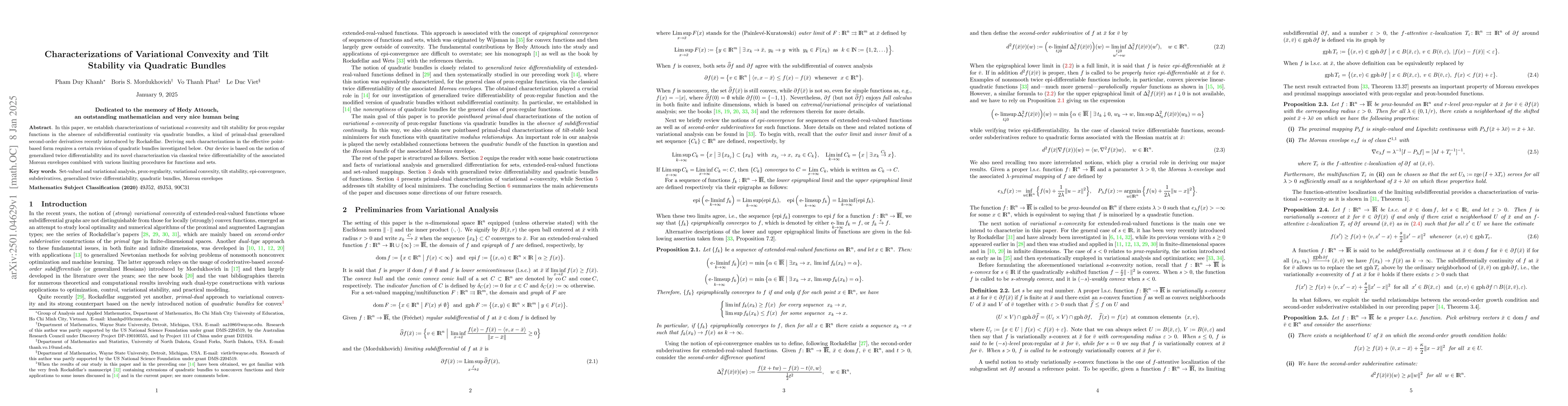 Thumbnail for Characterizations of Variational Convexity and Tilt Stability via
  Quadratic Bundles