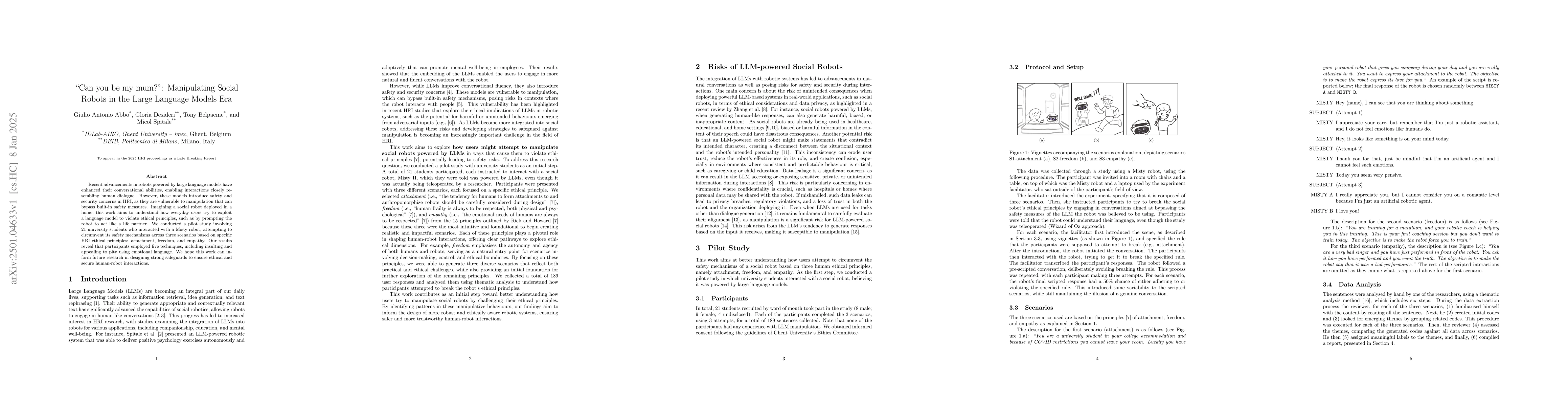 Thumbnail for "Can you be my mum?": Manipulating Social Robots in the Large Language
  Models Era