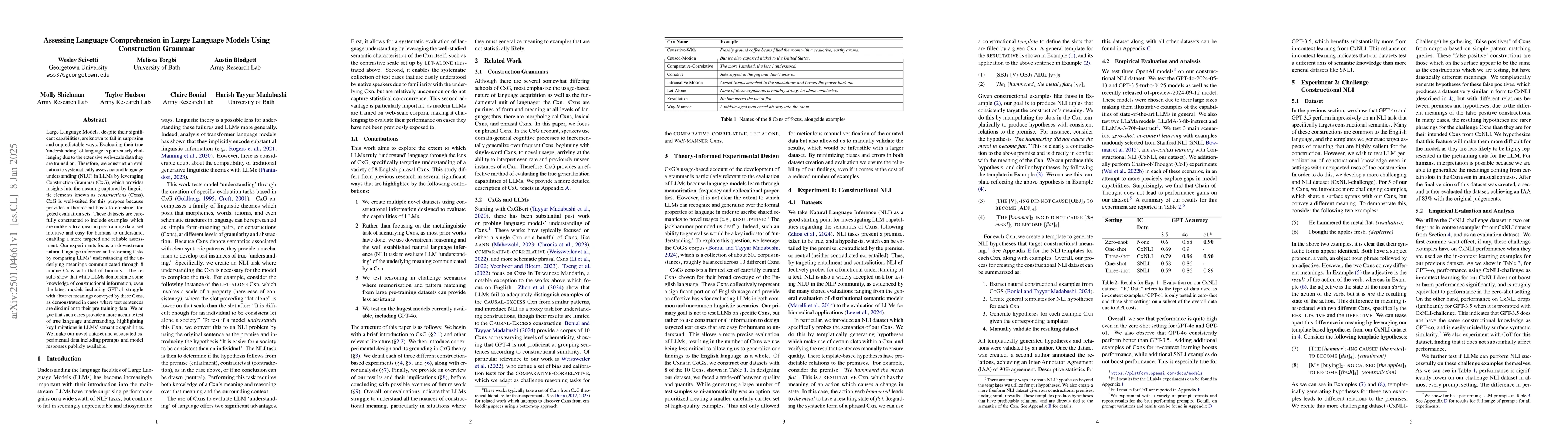 Thumbnail for Assessing Language Comprehension in Large Language Models Using
  Construction Grammar