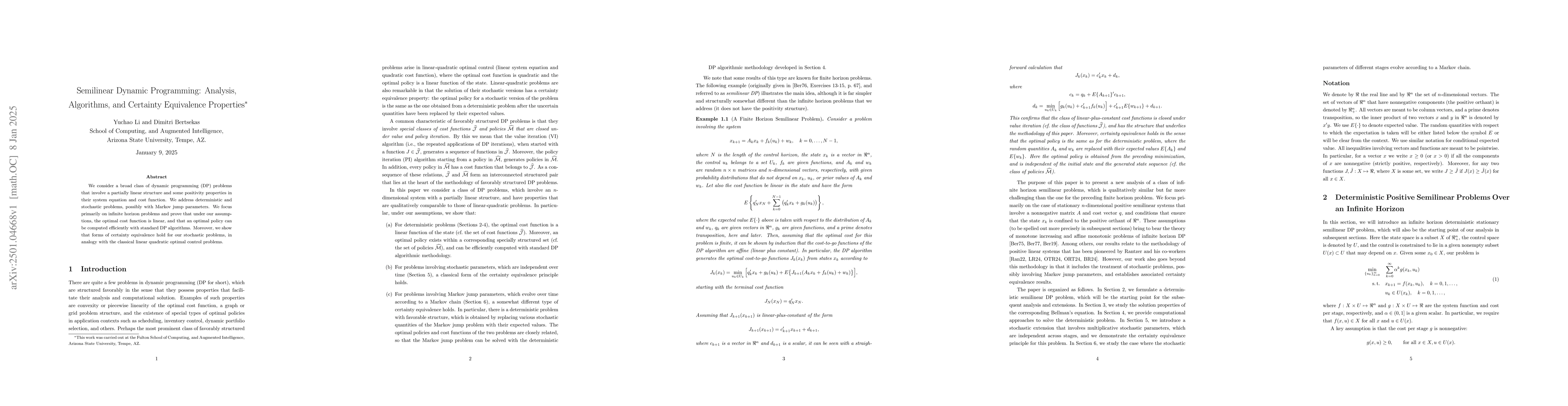 Thumbnail for Semilinear Dynamic Programming: Analysis, Algorithms, and Certainty
  Equivalence Properties