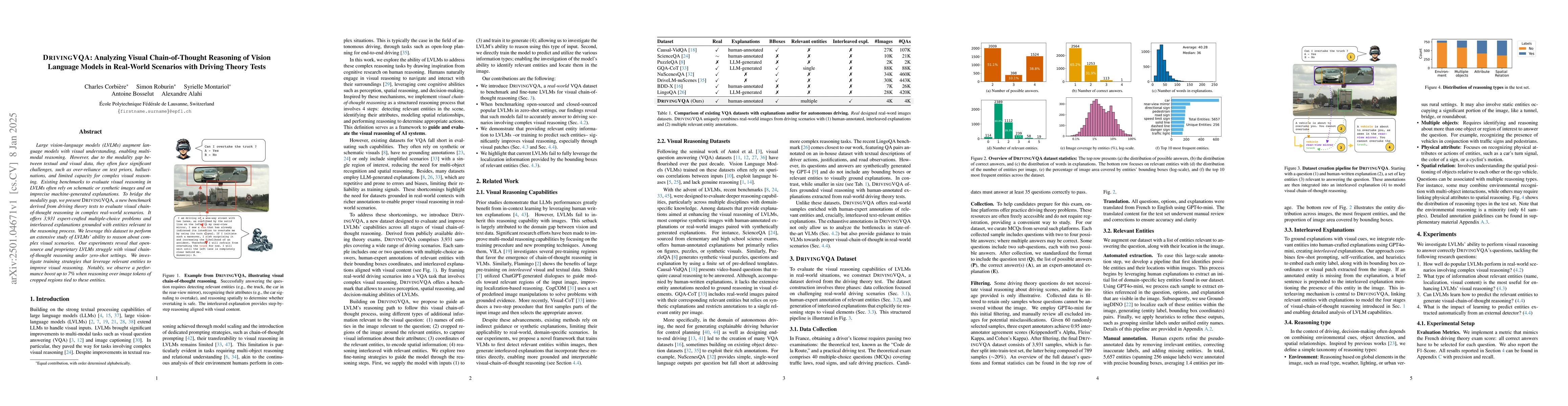 Thumbnail for DRIVINGVQA: Analyzing Visual Chain-of-Thought Reasoning of Vision
  Language Models in Real-World Scenarios with Driving Theory Tests