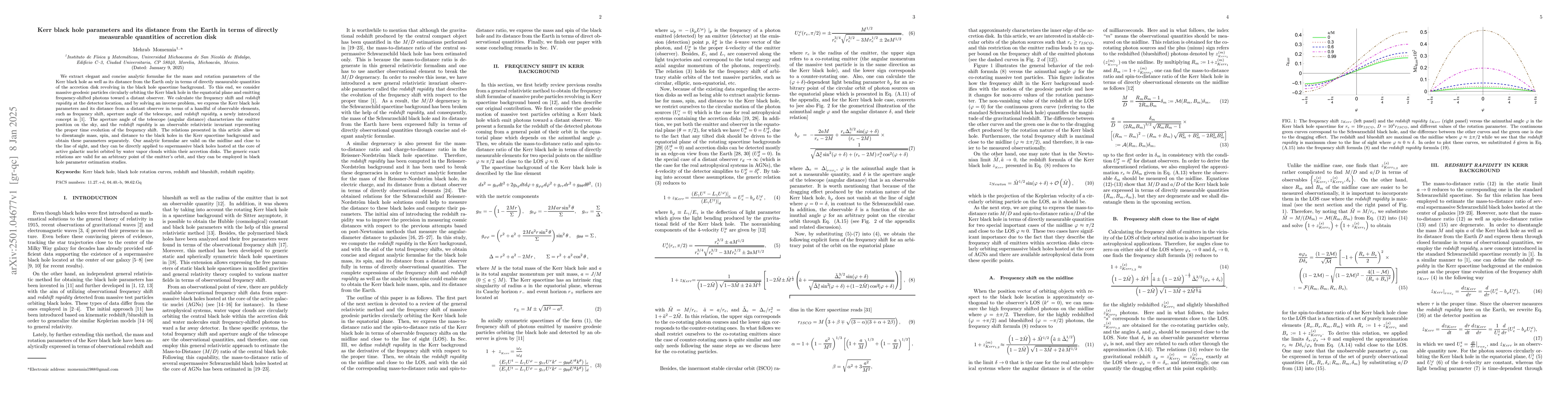 Thumbnail for Kerr black hole parameters and its distance from the Earth in terms of
  directly measurable quantities of accretion disk